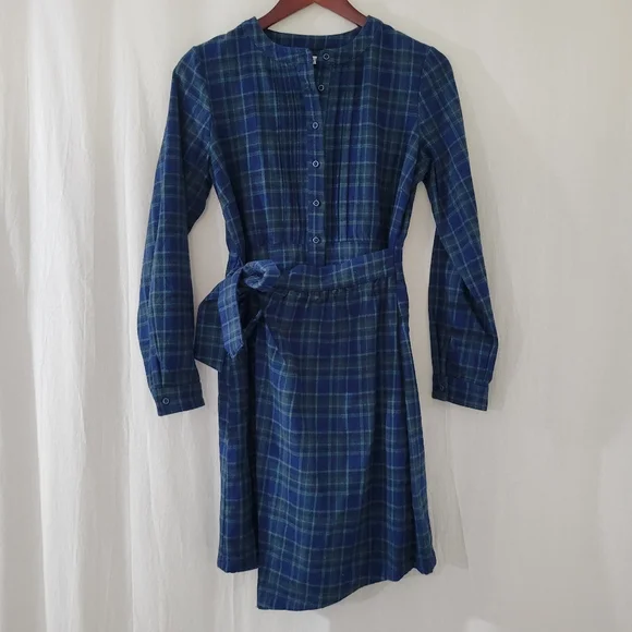 anthropologie green plaid dress Ranna Gill Anthropologie Army Green Plaid Dress with Floral Embroidery and Bow Tie Detail (XS) main image 1